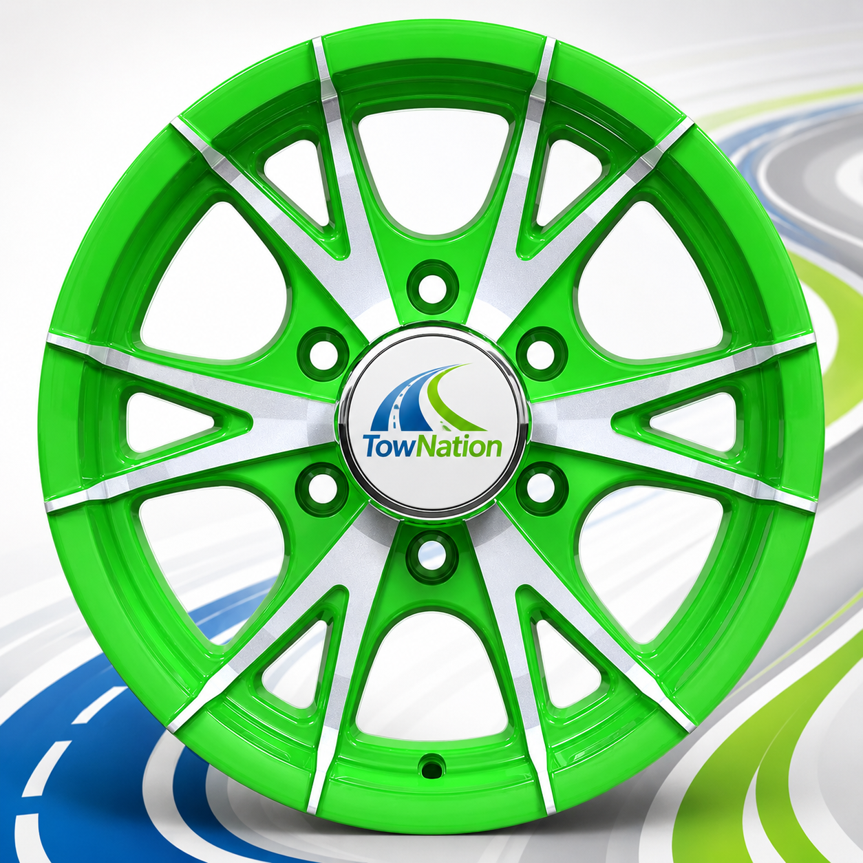 TowNation CW516 aluminum trailer wheel, gloss green with machined accents, 10-spoke split design with TowNation center cap