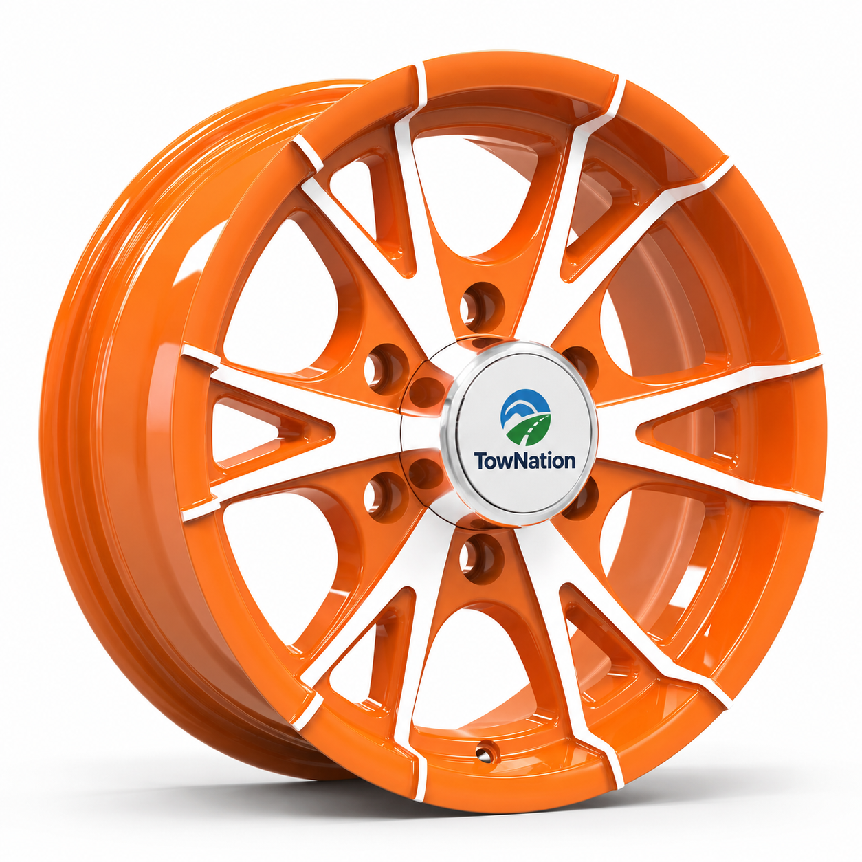 TowNation CW516 aluminum trailer wheel, gloss orange with machined accents, 10-spoke split design with TowNation center cap