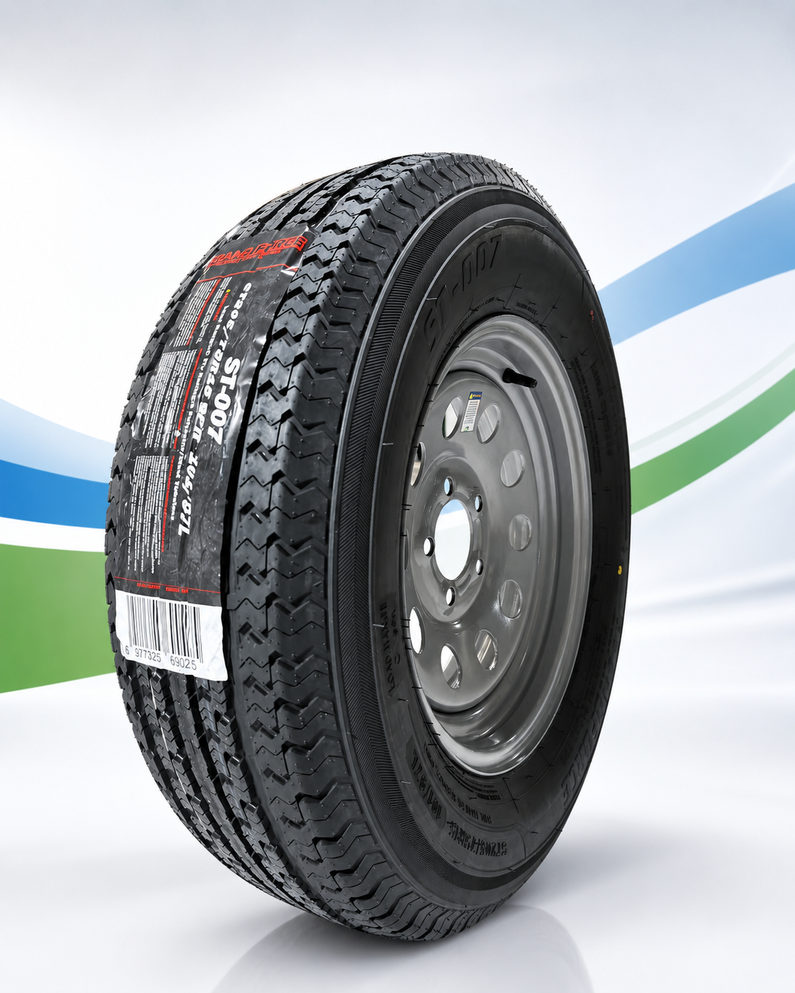 GRANDFORCE ST-007 ST205/75R15 radial trailer tire mounted on silver modular steel wheel