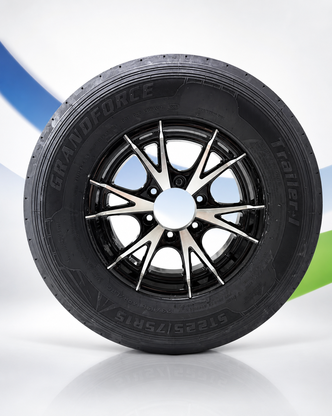GRANDFORCE Trailer-1 ST225/75R15 radial trailer tire mounted on black machined aluminum 10-spoke wheel