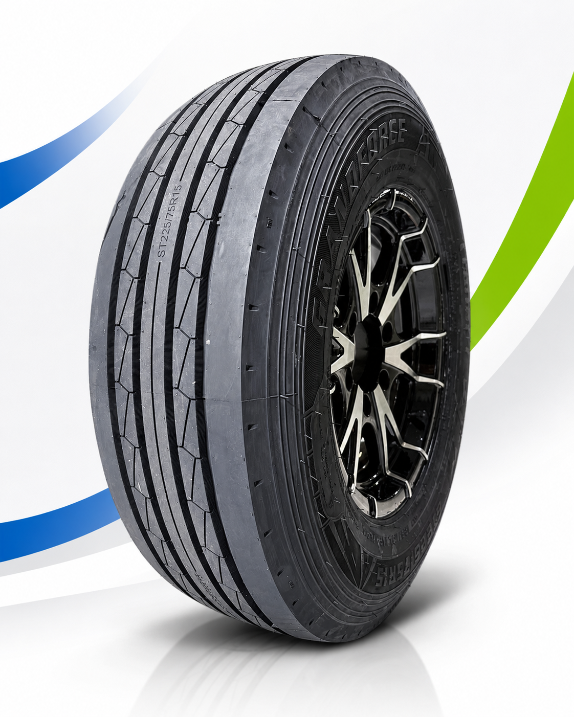 GRANDFORCE ST225/75R15 all-steel radial trailer tire mounted on black machined aluminum modular wheel