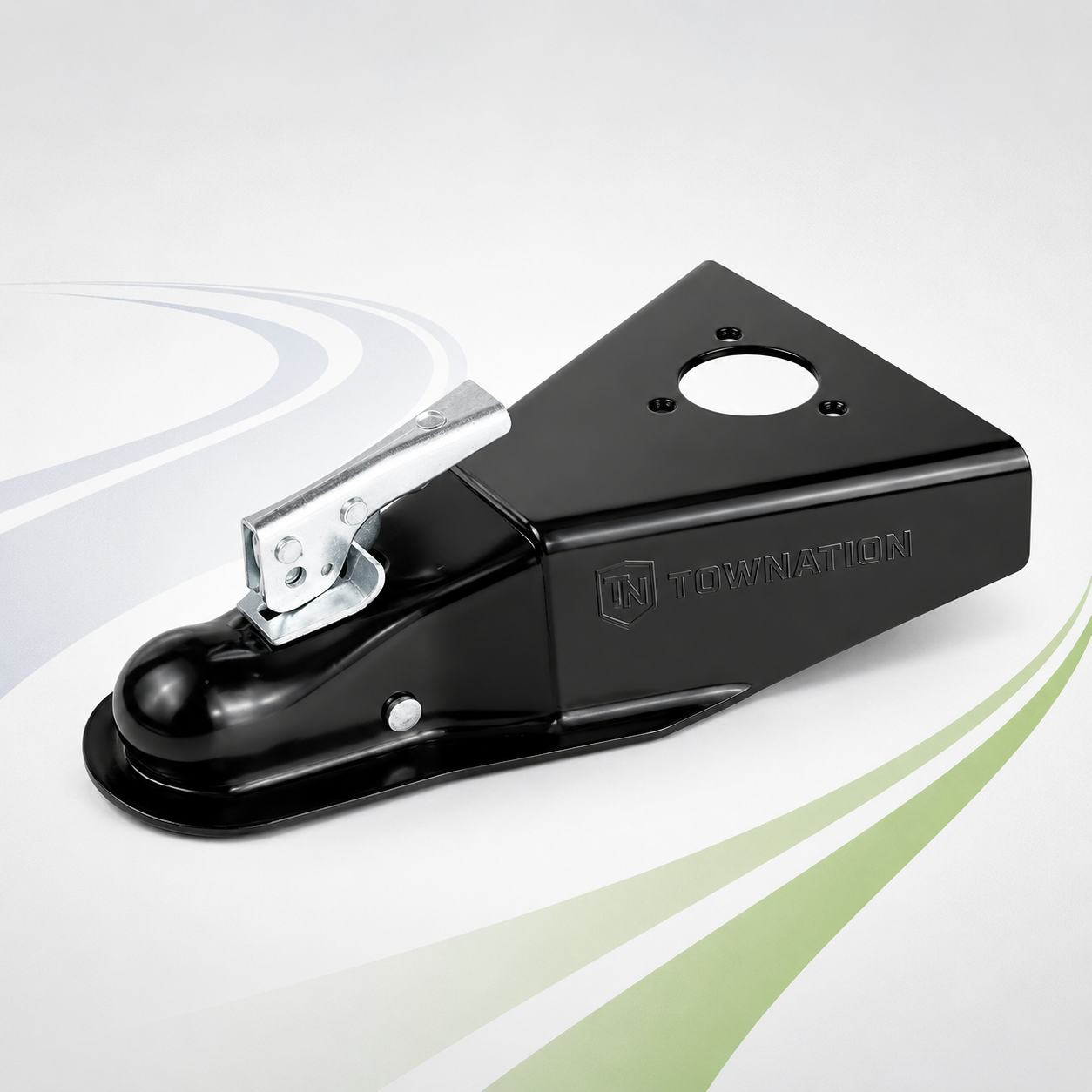 TowNation A-frame trailer coupler with black powder-coat finish and wedge latch