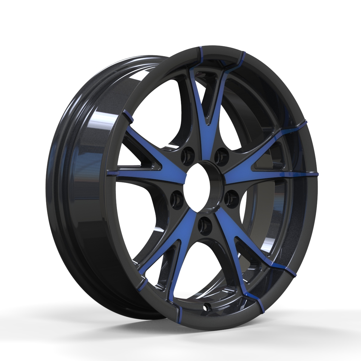 TowNation A-2751 aluminum trailer wheel, gloss black with blue accent spokes, 8-spoke design