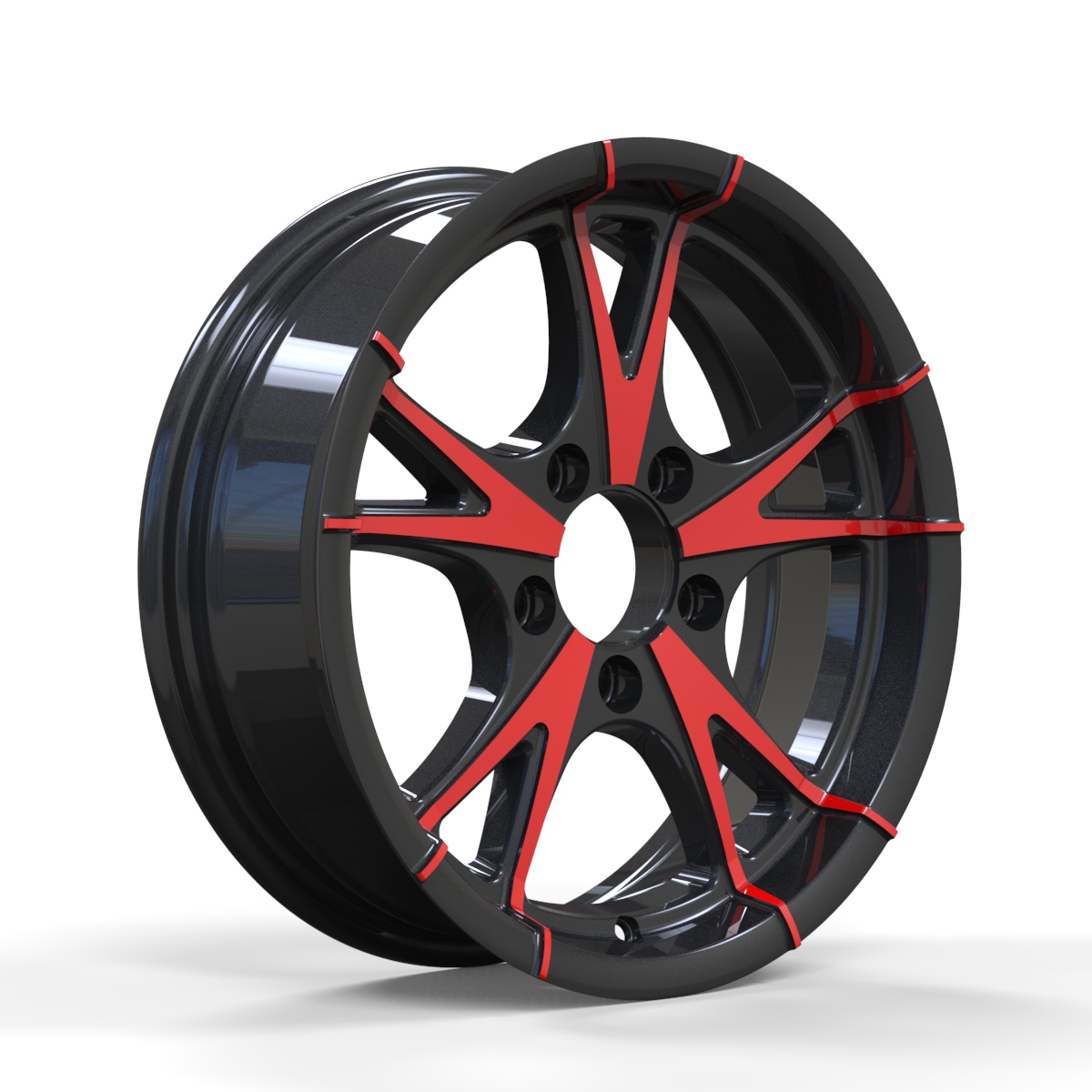 TowNation A-2754 aluminum trailer wheel, gloss black with red accent spokes, 8-spoke design