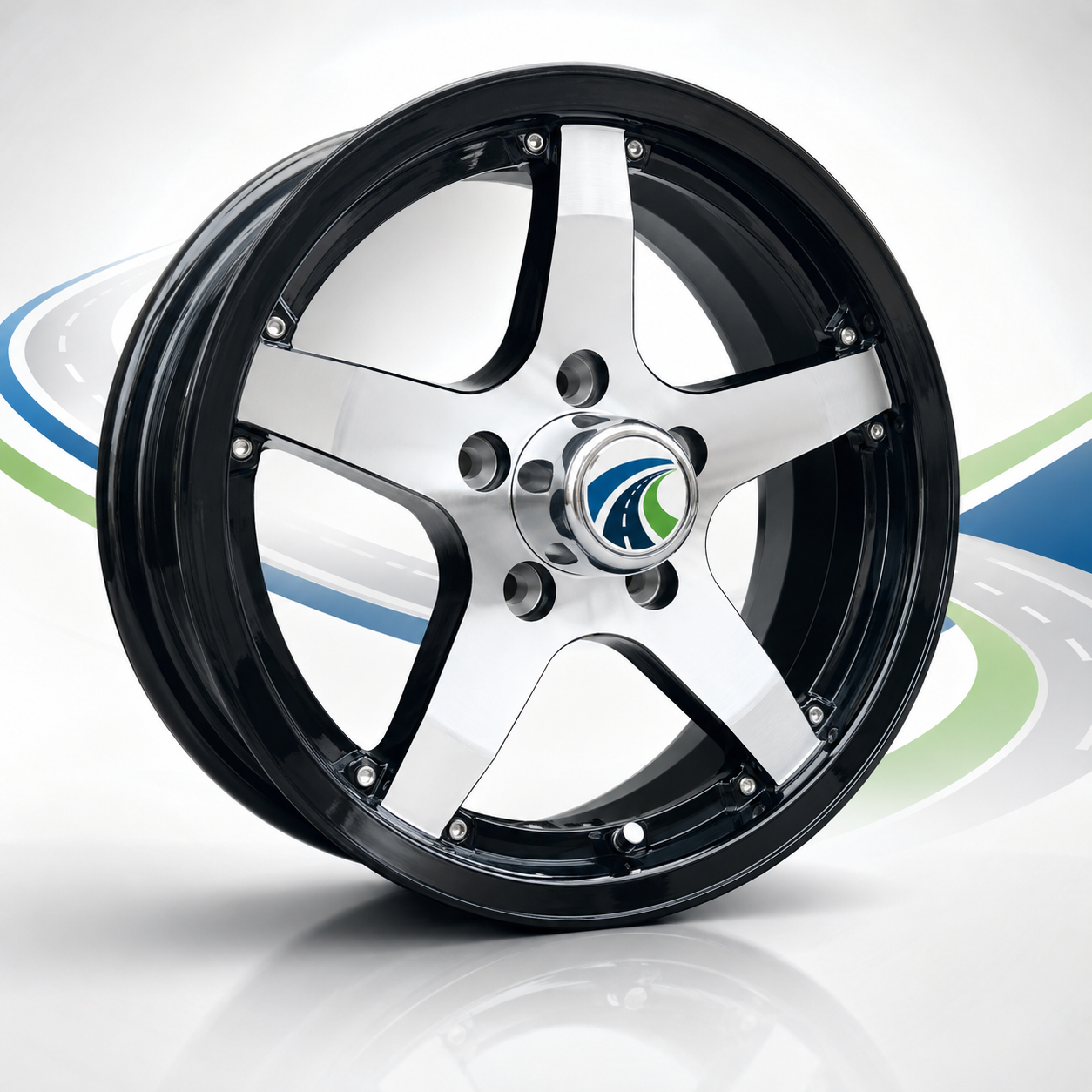 TowNation Classic 501 aluminum trailer wheel, gloss black with machined 5-spoke face and chrome center cap