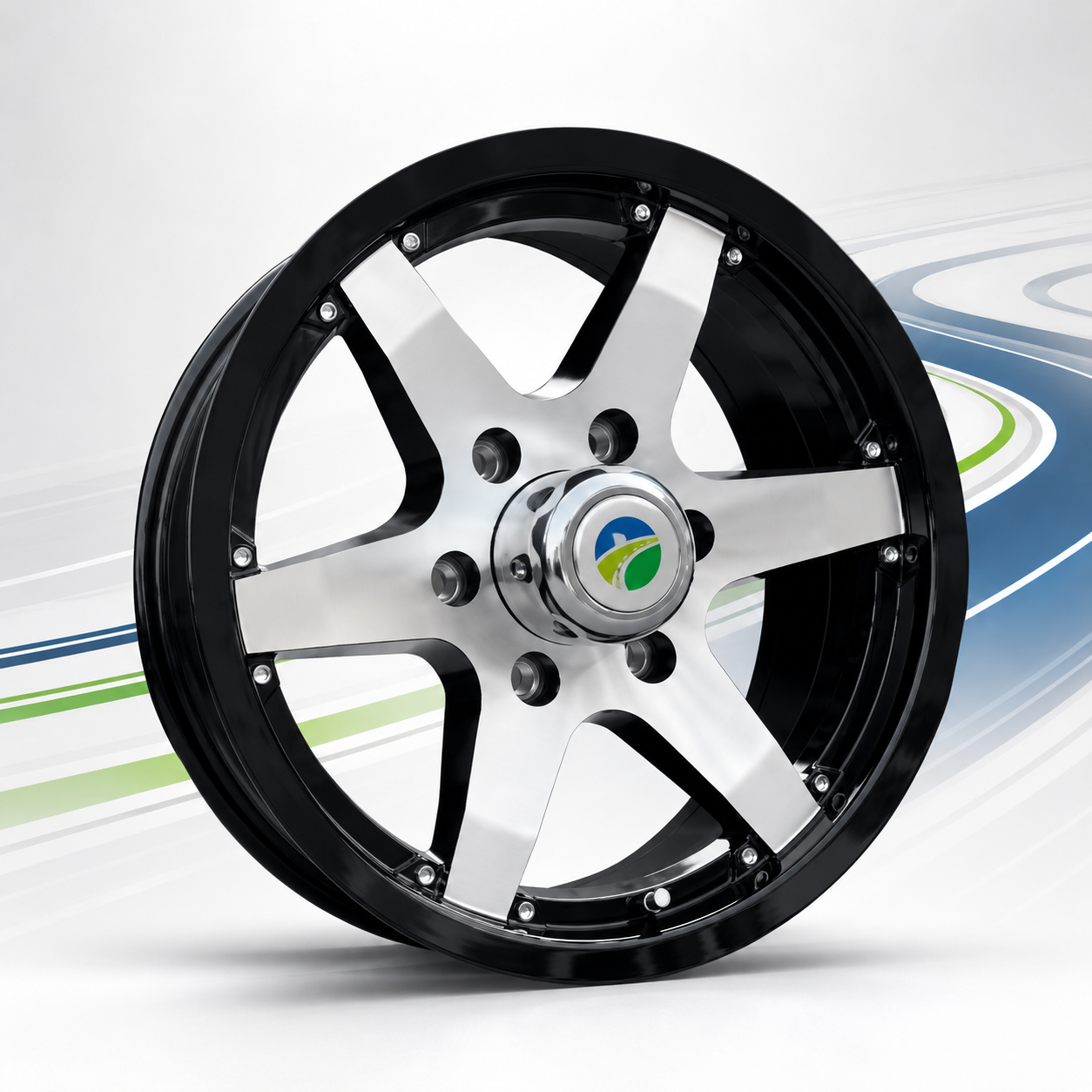 TowNation Classic 601 aluminum trailer wheel, gloss black with machined 6-spoke face and chrome center cap