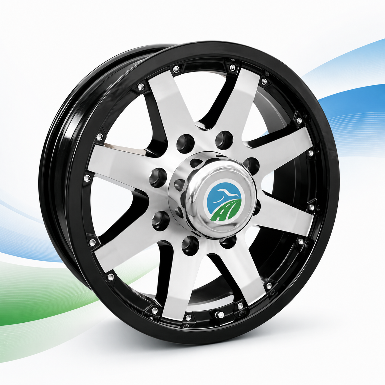 TowNation Classic 801 aluminum trailer wheel, gloss black with machined 8-spoke face and chrome center cap
